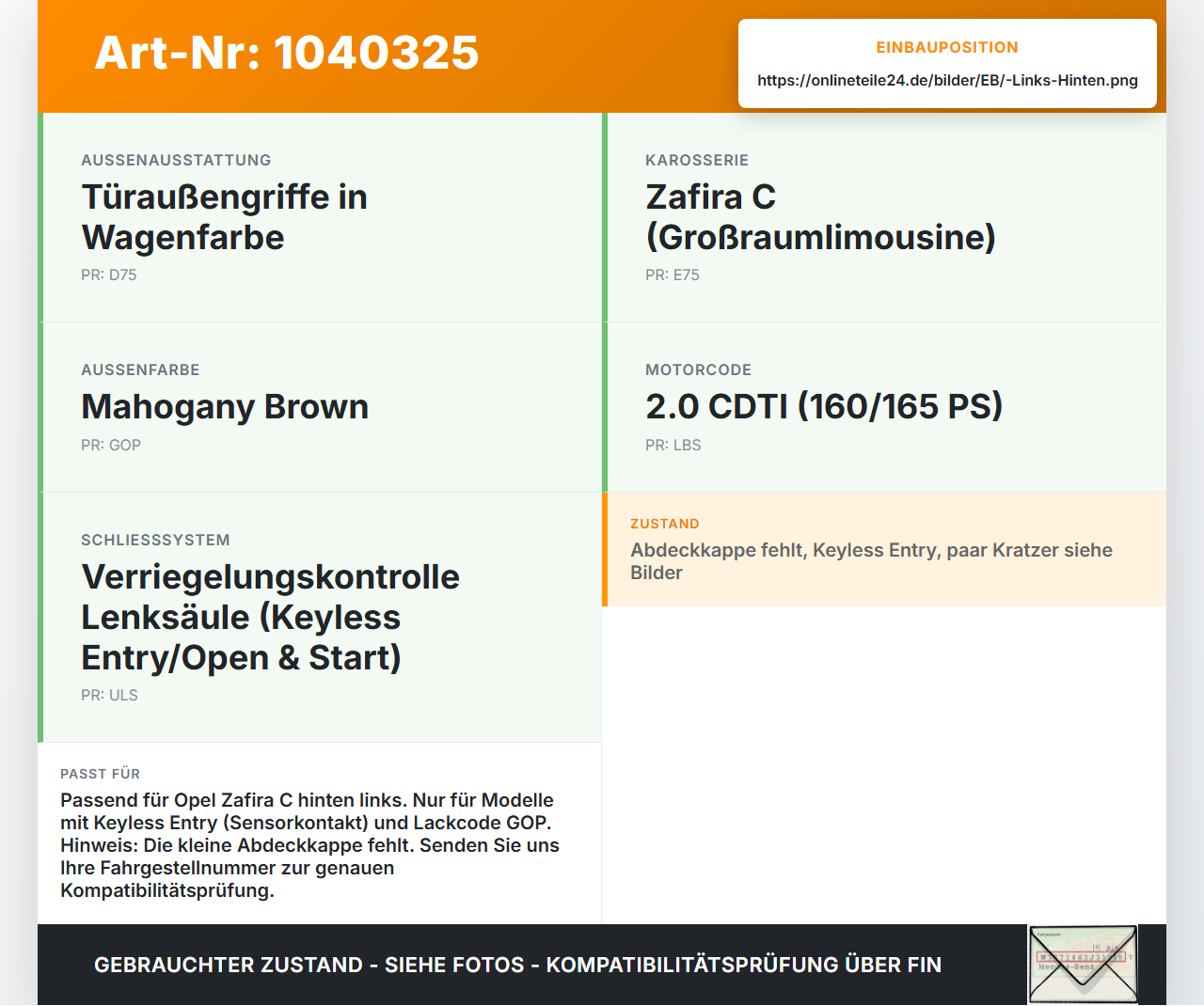 Opel Zafira C 11-16 Türgriff Griff aussen Links Hinten GOP Opel Zafira C 11-16 16.10.2014 13596200 gebraucht Vorschau 3