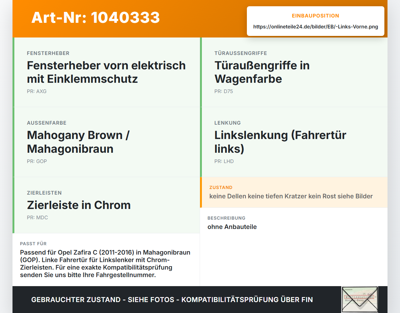 Opel Zafira C 11-16 Tür Fahrertür Links Vorne GOP Opel Zafira C 11-16 16.10.2014 gebraucht Vorschau 3