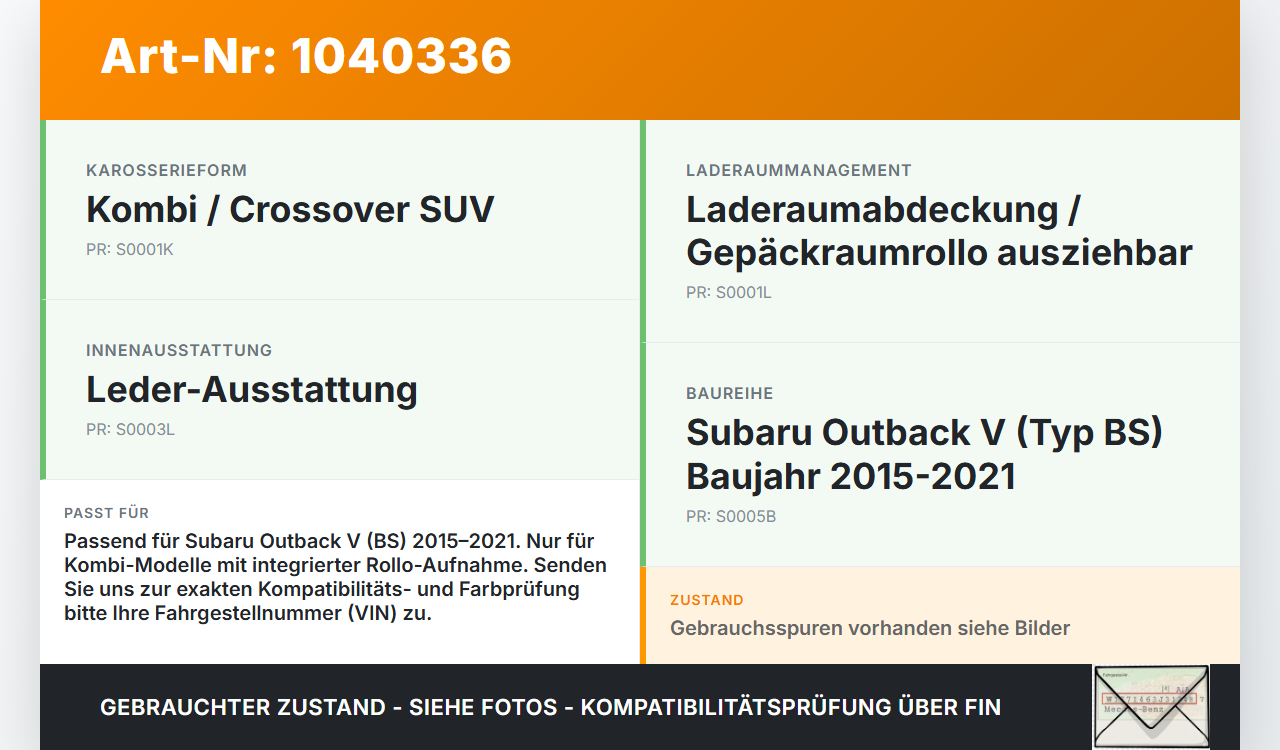 Subaru Outback V BS 15-21 Laderaumabdeckung Hutablage Heckablage Rollo Subaru Outback V BS 15-21 19.03.20154 gebraucht Vorschau 3