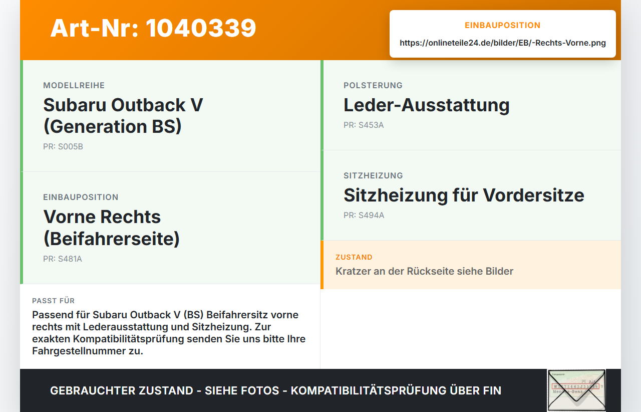 Subaru Outback V BS 15-21 Sitzbezug Rückenpolster Rechts Vorne für Beifahrer Sitz beheizt Subaru Outback V BS 15-21... Vorschau 3