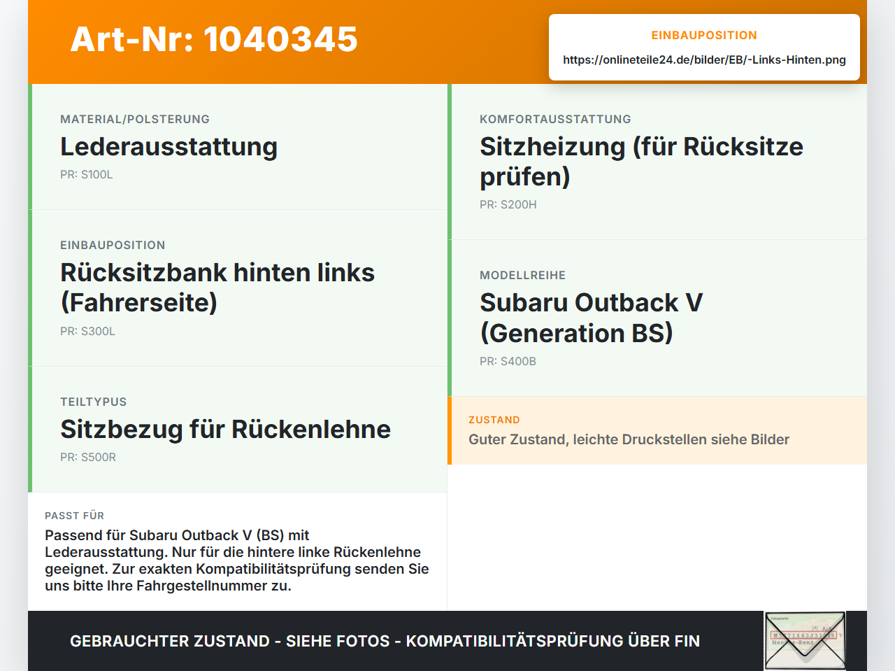 Subaru Outback V BS 15-21 Sitzbezug Rückenpolster Links für Rücksitzbank Hinten Subaru Outback V BS 15-21... Vorschau 3