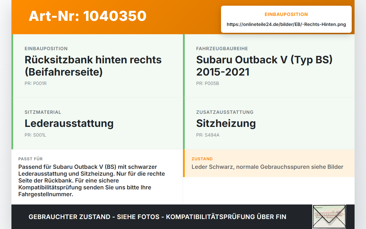 Subaru Outback V BS 15-21 Sitzbezug Rückenpolster Rechts für Rücksitzbank Hinten Subaru Outback V BS 15-21... Vorschau 3