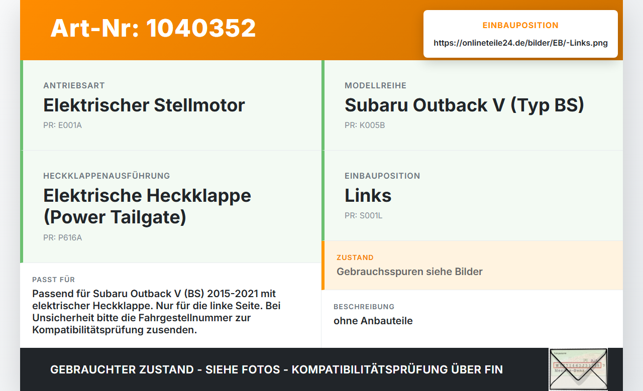 Subaru Outback V BS 15-21 Stellmotor Heckklappe Antrieb Elektrisch Links D4S Subaru Outback V BS 15-21 19.03.20154... Vorschau 3