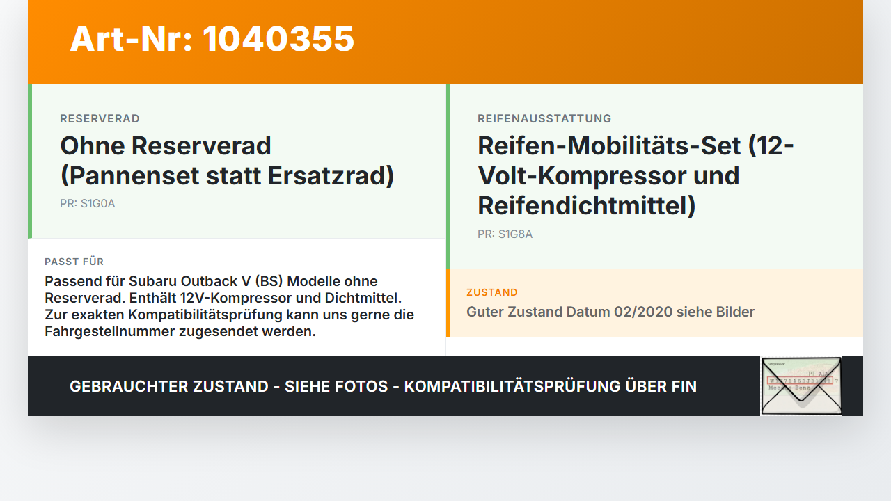 Subaru Outback V BS 15-21 Reifenpannenset Kompressor Dichtmittel 12V Subaru Outback V BS 15-21 19.03.20154 gebraucht Vorschau 3
