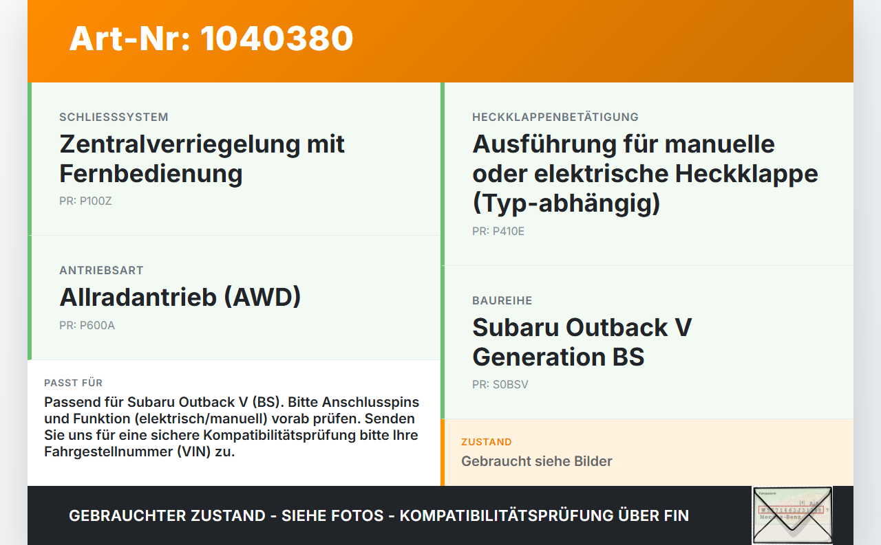 Subaru Outback V BS 15-21 Schloss f. Heckklappe Heckklappenschloss Verriegelung Subaru Outback V BS 15-21... Vorschau 3