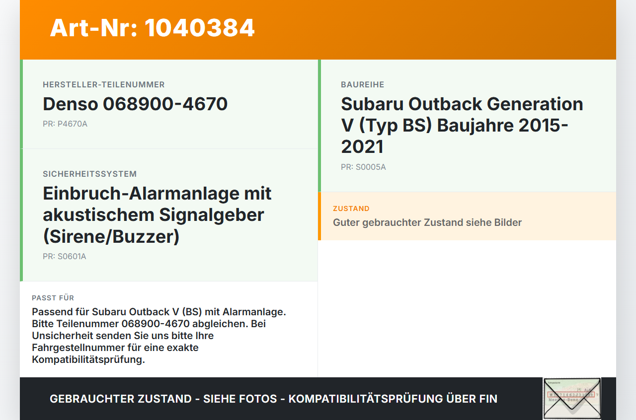Subaru Outback V BS 15-21 Alarmanlage Alarm Summer Sirene Subaru Outback V BS 15-21 19.03.20154 068900-4670 gebraucht Vorschau 3