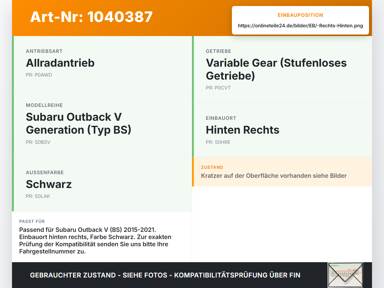 Subaru Outback V BS 15-21 Tankklappe Tankdeckel Hinten Rechts Schwarz Subaru Outback V BS 15-21 19.03.20154 gebraucht Vorschau 3