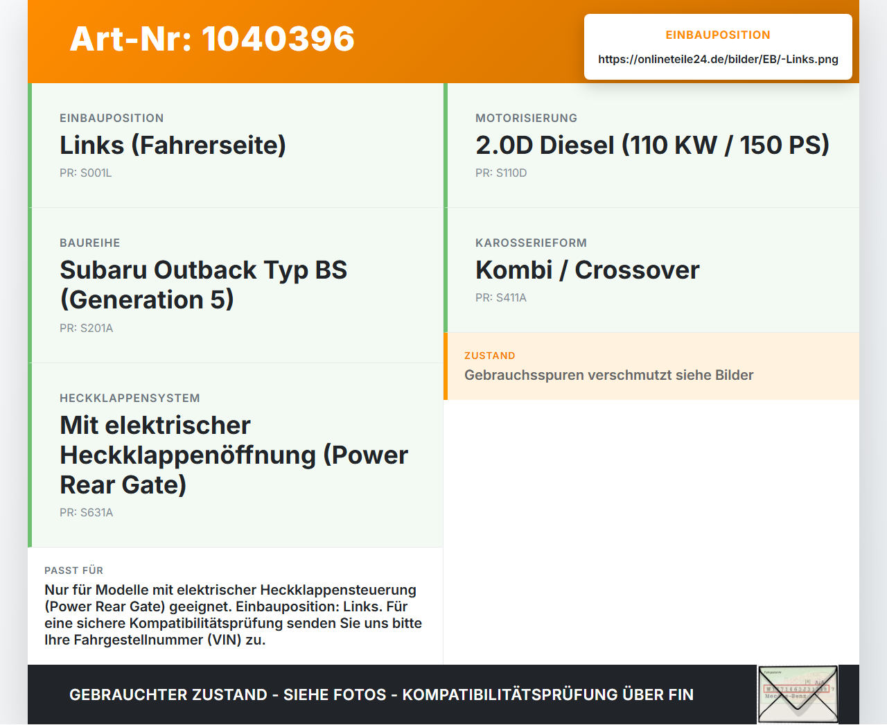 Subaru Outback V BS 15-21 2,0D 110KW Sensor für Heckklappe Erkennung Links Subaru Outback V BS 15-21 19.03.20154... Vorschau 3