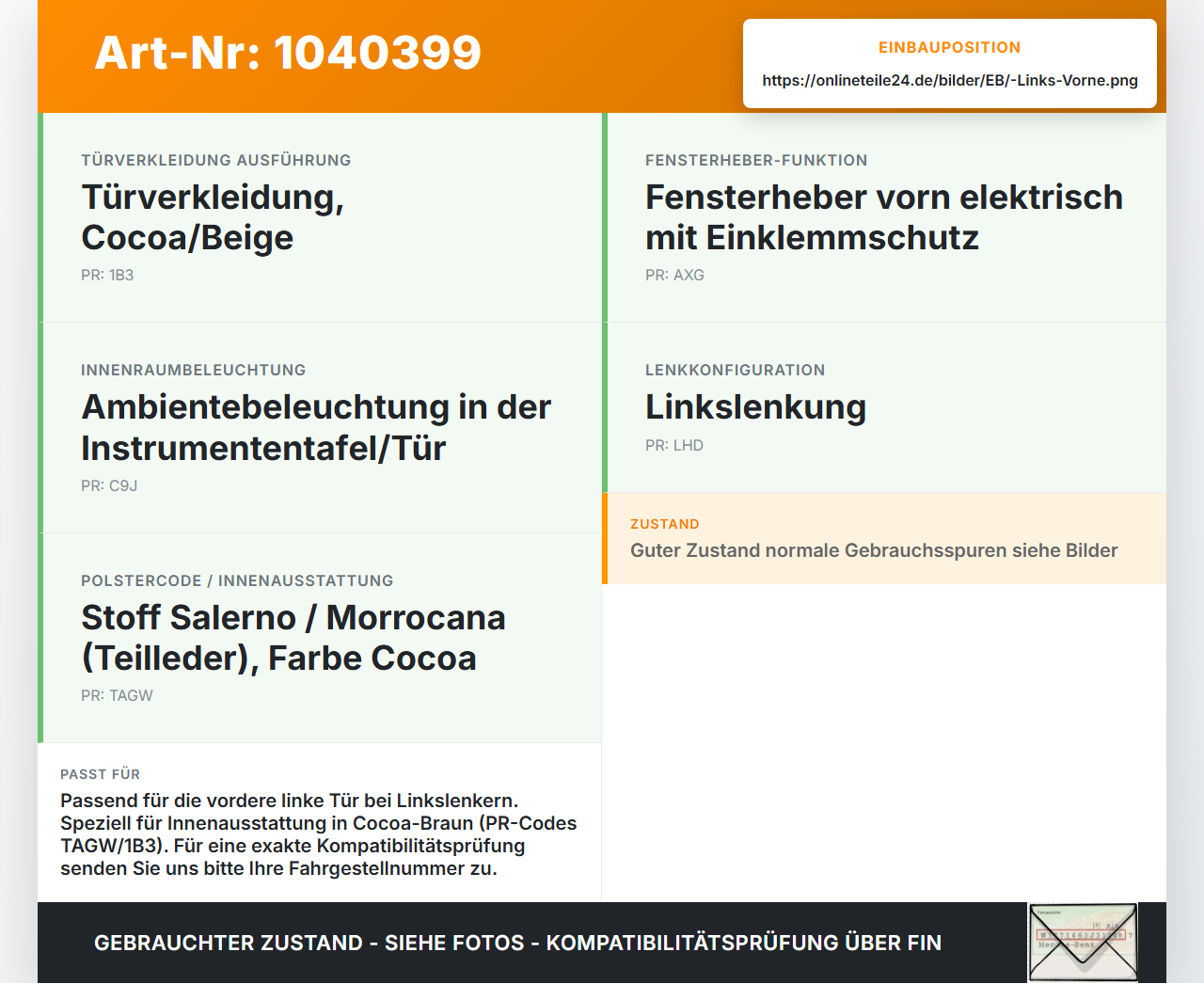 Opel Zafira C 11-16 Türverkleidung Türpappe Leder Braun Links Vorne Opel Zafira C 11-16 16.10.2014 13464515 gebraucht Vorschau 3