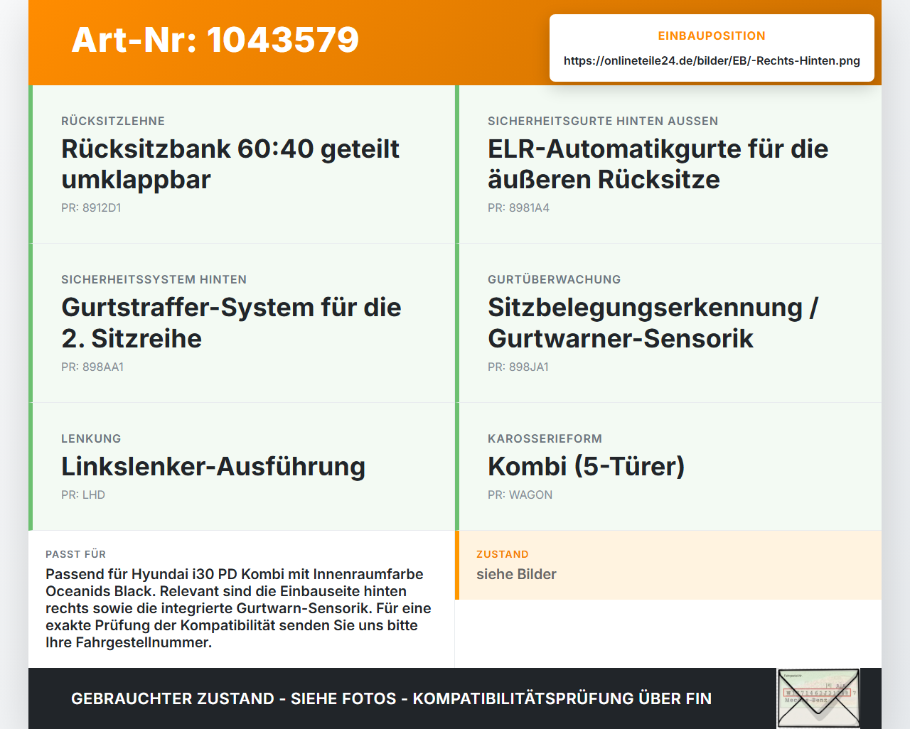 Hyundai I30 PD 20-25 Kombi Gurtschloss Rechts Hinten Hyundai I30 PD 20-25 03.11.2017 89840G4000TRY gebraucht Vorschau 3