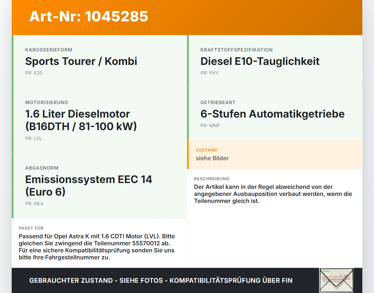 Opel Astra K B16 15-19 CDTI 1,6 81KW Injektor Einspritzdüse Zyl.1 Opel Astra K B16 15-19 07.06.2017 55570012 gebraucht Vorschau 3