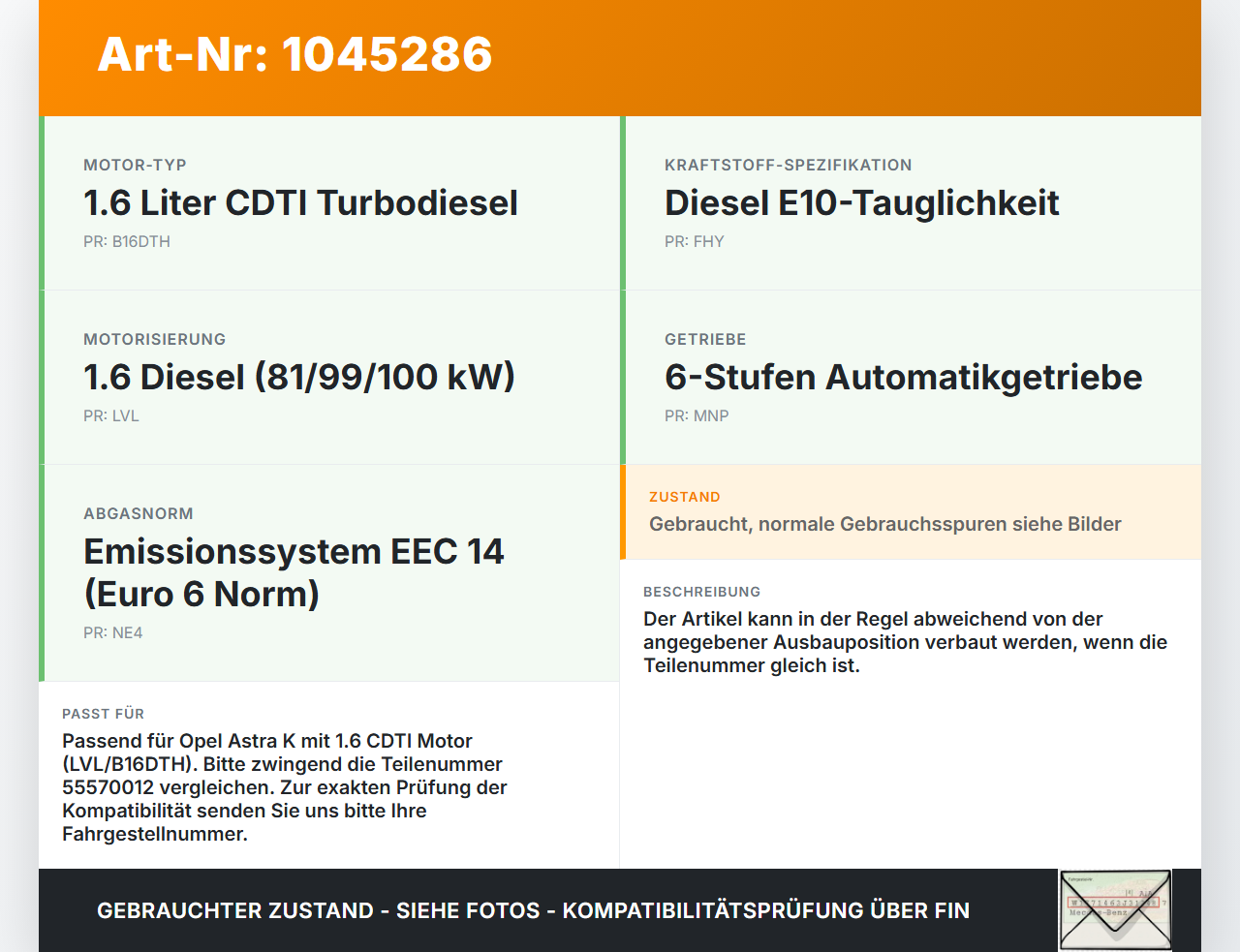 Opel Astra K B16 15-19 CDTI 1,6 81KW Injektor Einspritzdüse Zyl.2 Opel Astra K B16 15-19 07.06.2017 55570012 gebraucht Vorschau 3