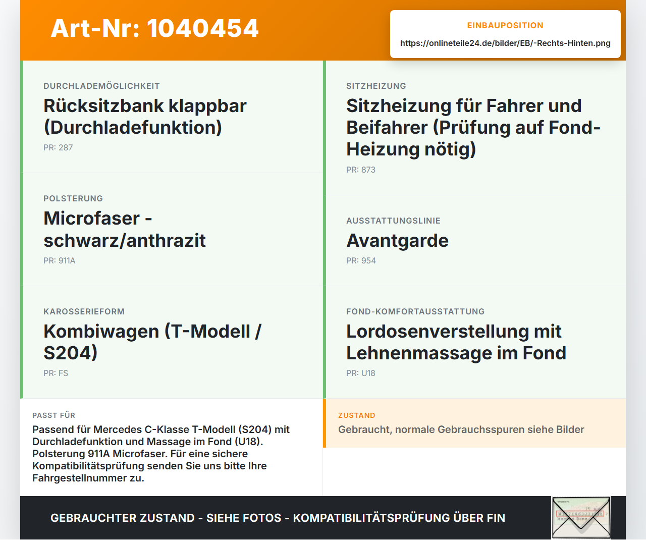 Mercedes W204 S204 C250 07-14 Kombi Rückenpolster mit Armlehne Rechts für Rücksitzbank Hinten Mercedes W204 S204... Vorschau 3