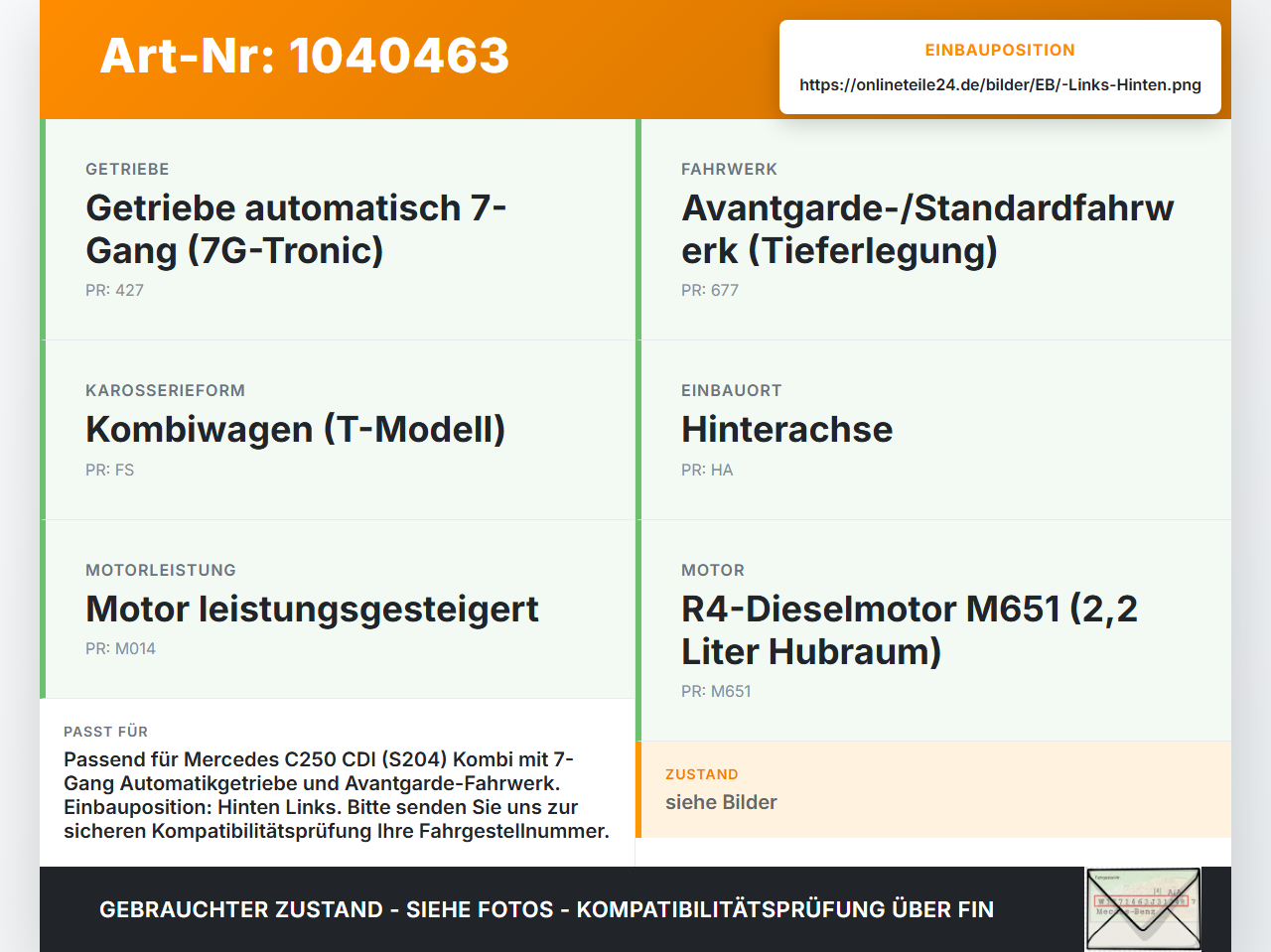 Mercedes W204 S204 C250 07-14 Kombi CDI 2,2 150KW Antriebswelle Gelenkwelle Hinten Links Mercedes W204 S204 C250... Vorschau 3