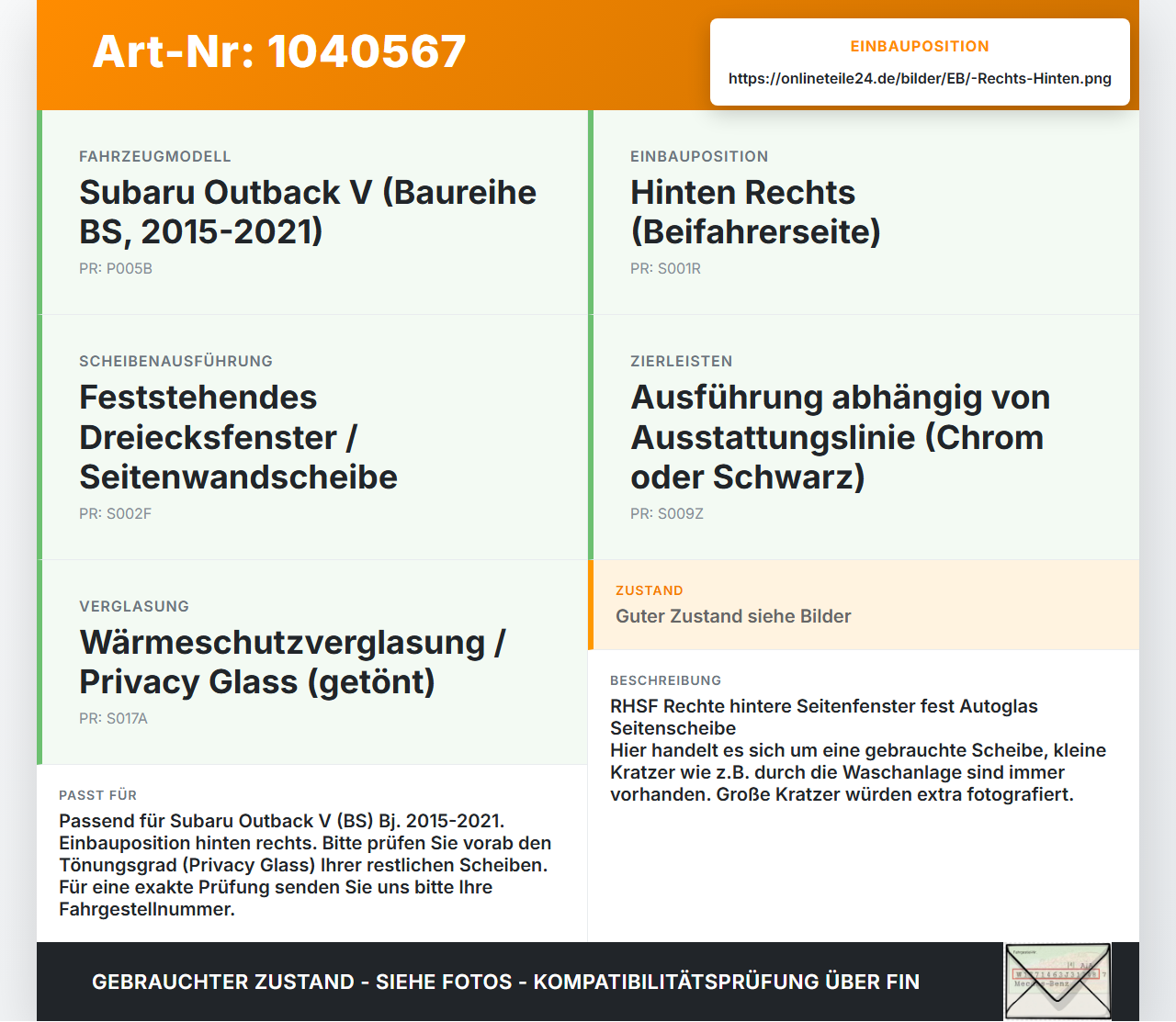 Subaru Outback V BS 15-21 Seitenscheibe Fest Hinten Rechts Dreiecksfenster Subaru Outback V BS 15-21 19.03.20154... Vorschau 3