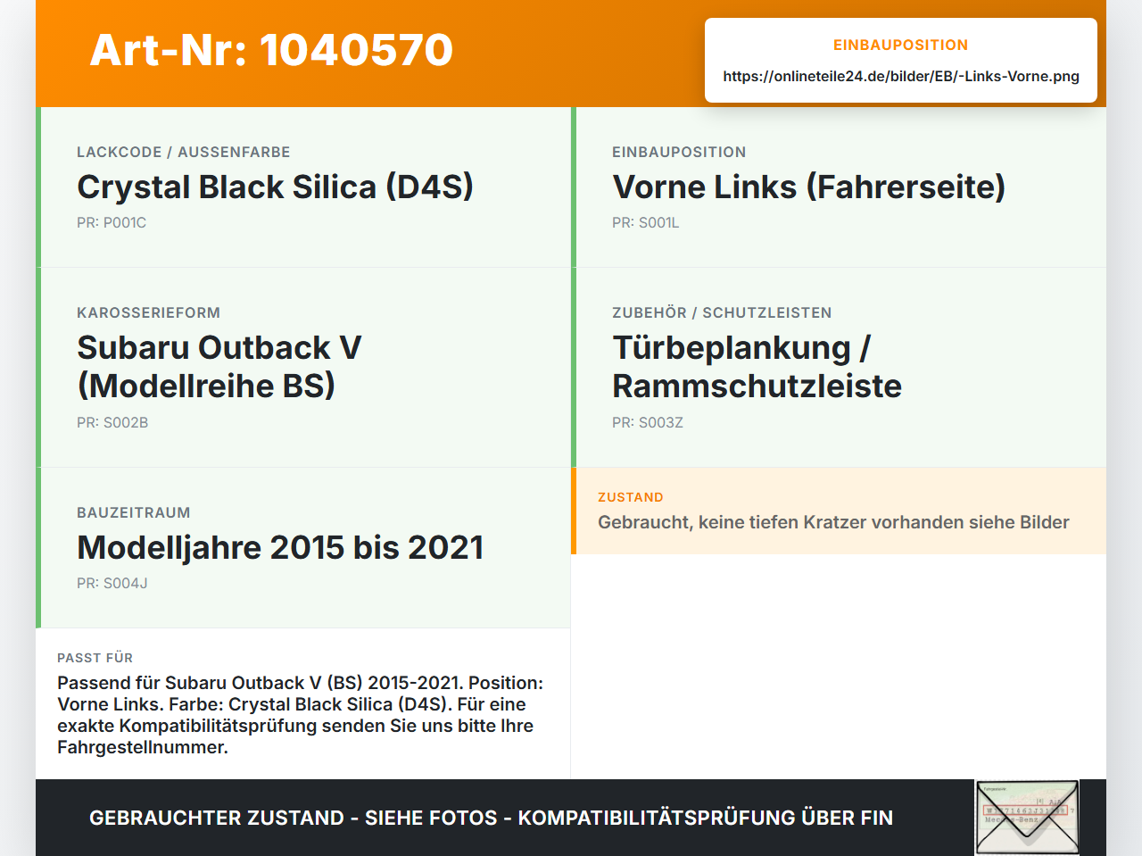 Subaru Outback V BS 15-21 Türleiste Beplankung  Links Vorne Aussen D4S Subaru Outback V BS 15-21 19.03.20154 gebraucht Vorschau 3