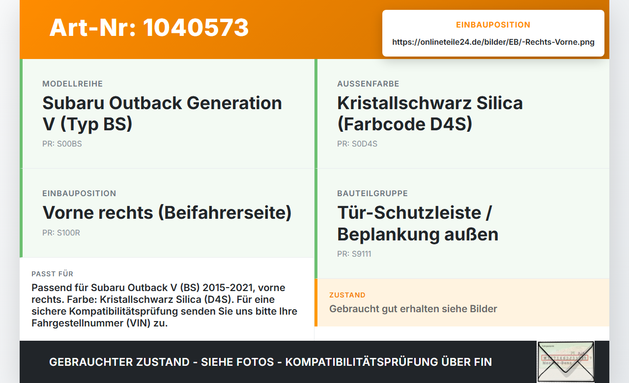 Subaru Outback V BS 15-21 Türleiste Beplankung Aussen Vorne Rechts D4S Subaru Outback V BS 15-21 19.03.20154... Vorschau 3