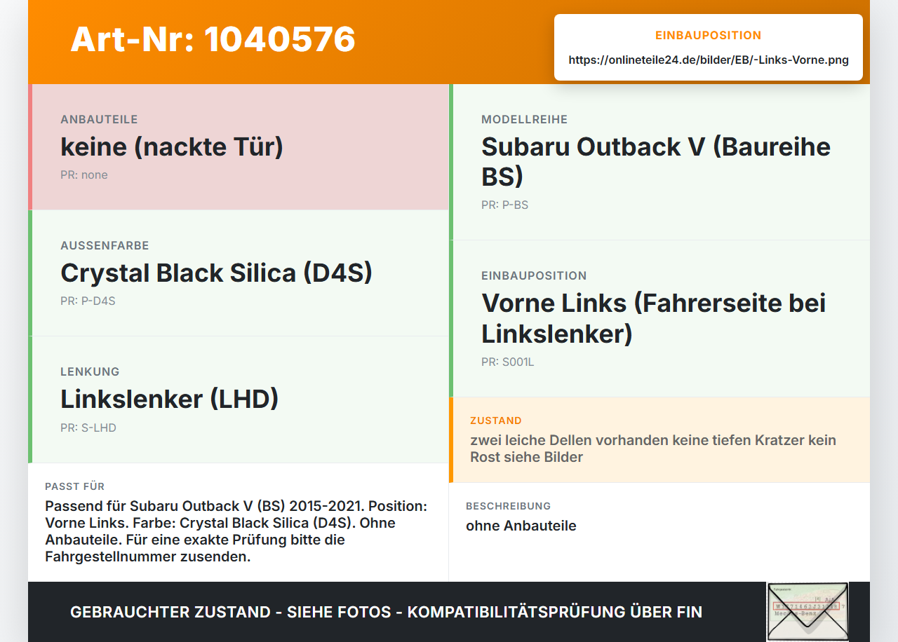 Subaru Outback V BS 15-21 Tür Fahrertür Links Vorne D4S Subaru Outback V BS 15-21 19.03.20154 gebraucht Vorschau 3