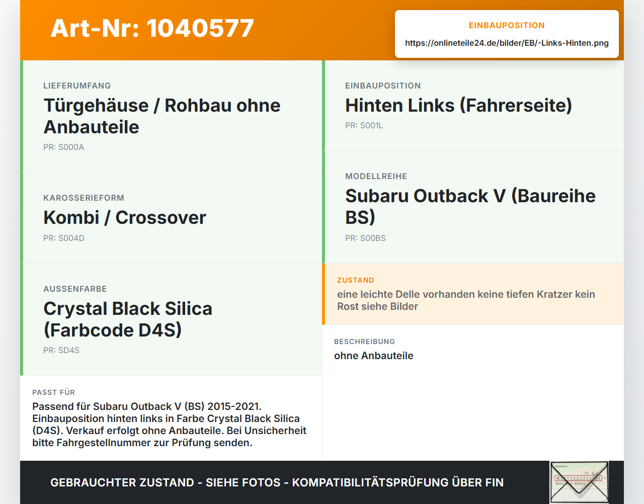 Subaru Outback V BS 15-21 Tür Links Hinten D4S Subaru Outback V BS 15-21 19.03.20154 gebraucht Vorschau 3