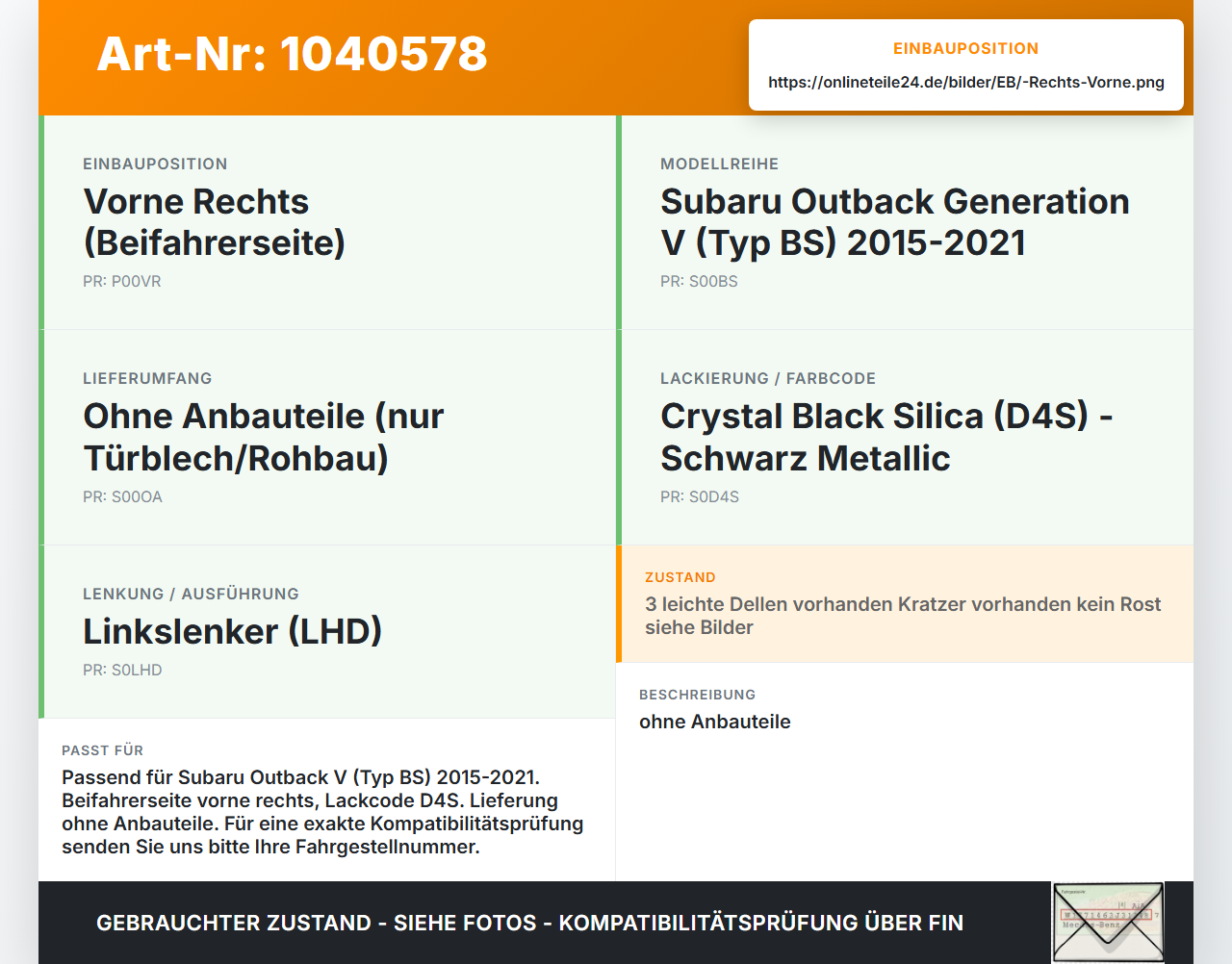 Subaru Outback V BS 15-21 Tür Beifahrertür Rechts Vorne D4S Subaru Outback V BS 15-21 19.03.20154 gebraucht Vorschau 3