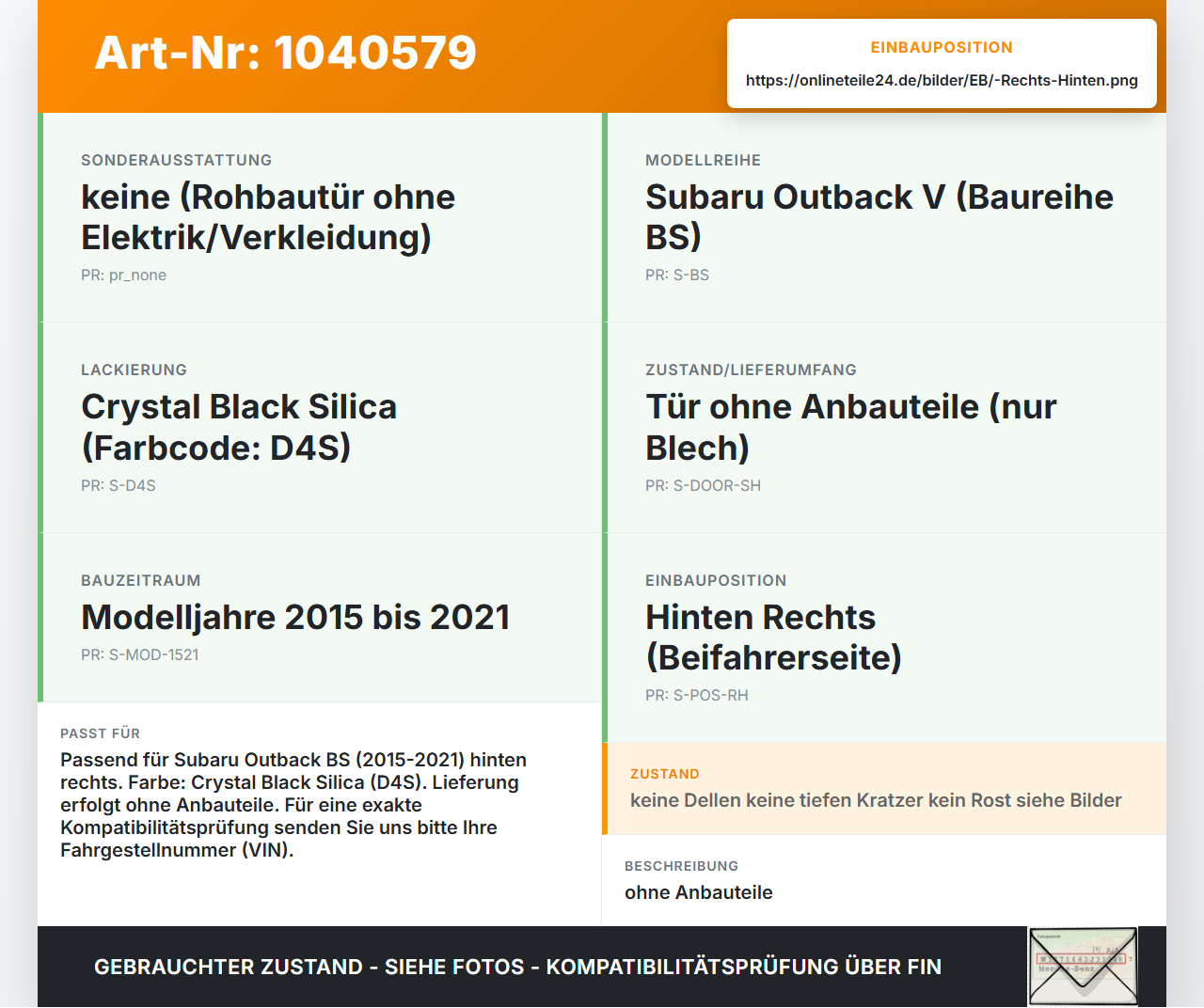 Subaru Outback V BS 15-21 Tür Rechts Hinten D4S Subaru Outback V BS 15-21 19.03.20154 gebraucht Vorschau 3