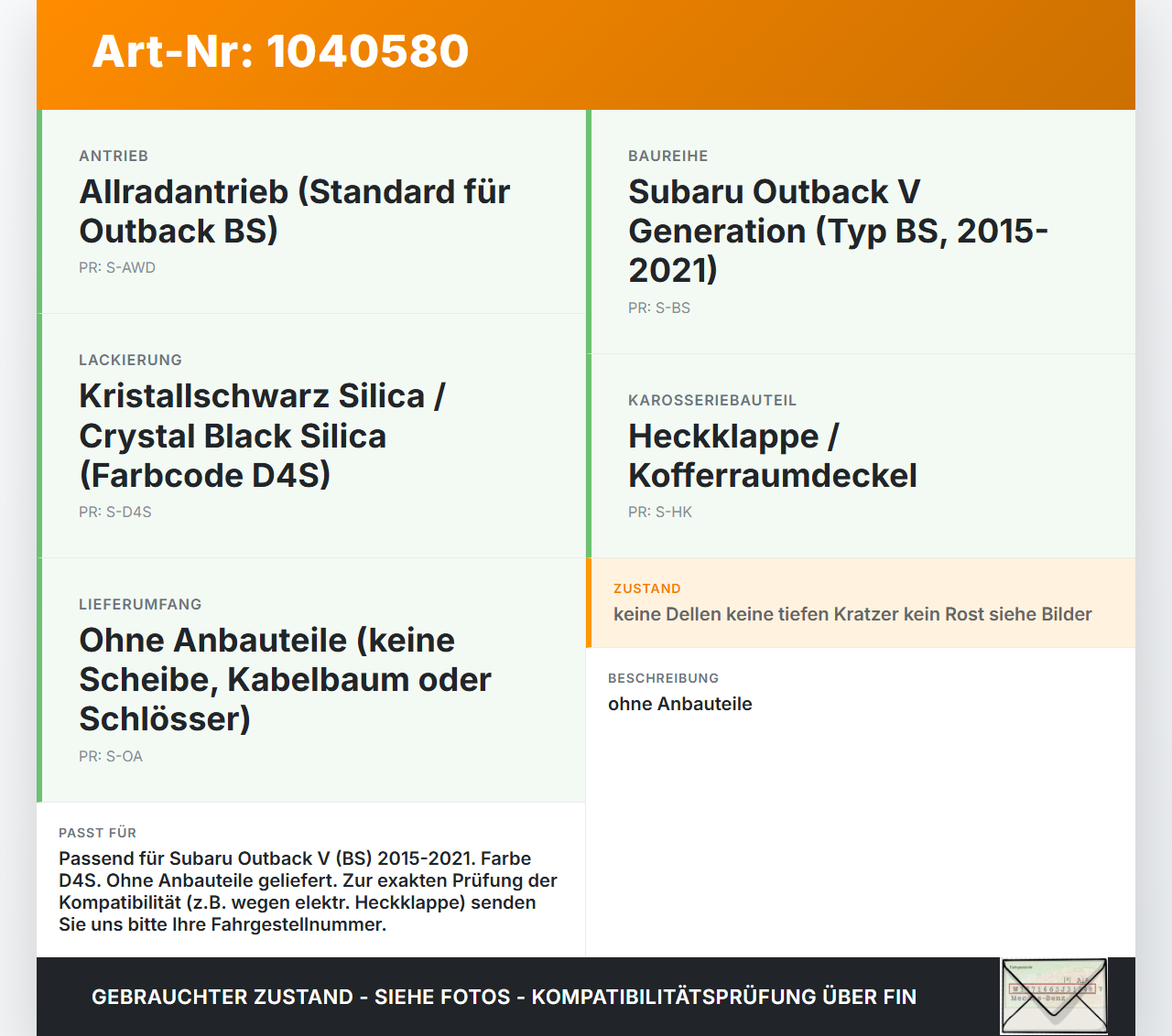 Subaru Outback V BS 15-21 Heckklappe Kofferraumdeckel D4S Subaru Outback V BS 15-21 19.03.20154 gebraucht Vorschau 3
