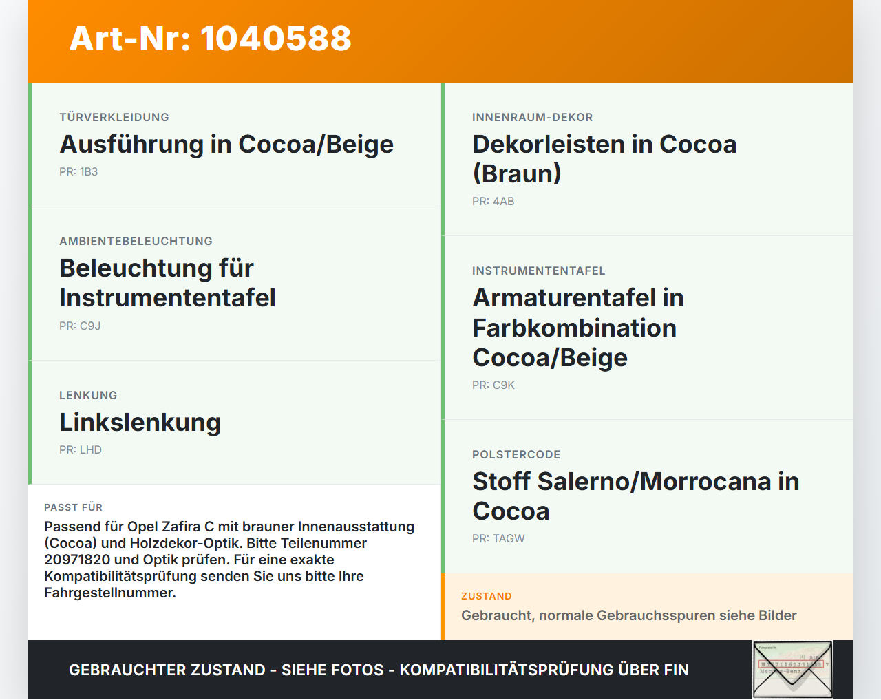 Opel Zafira C 11-16 Blende für Armaturenbrett Abdeckung Holzdekor Opel Zafira C 11-16 16.10.2014 20971820 gebraucht Vorschau 3