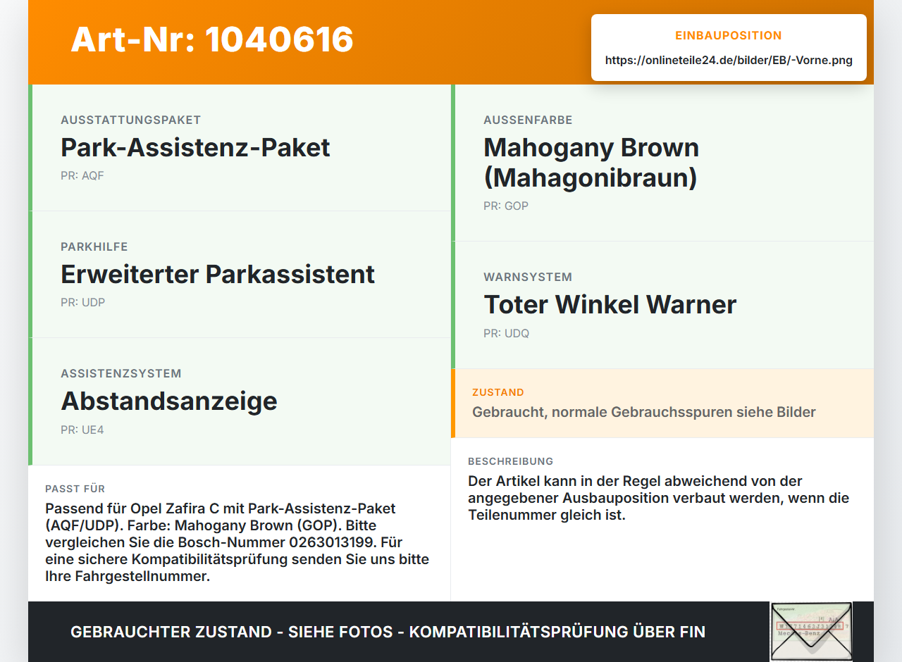 Opel Zafira C 11-16 Abstands Sensor Parksensor PDC Vorne  GOP Opel Zafira C 11-16 16.10.2014 0263013199 gebraucht Vorschau 3