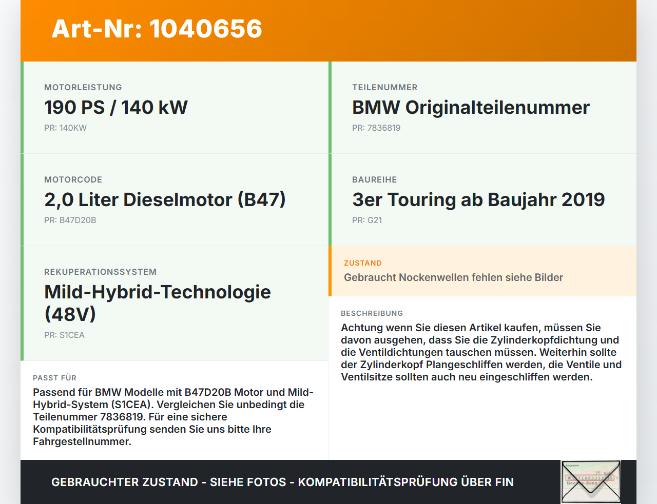 BMW G21 320dx 3er 19-22 2,0d 140KW B47D20B B47 Zylinderkopf BMW G21 320dx 3er 19-22 17.09.2020 8580266 11128580266... Vorschau 3