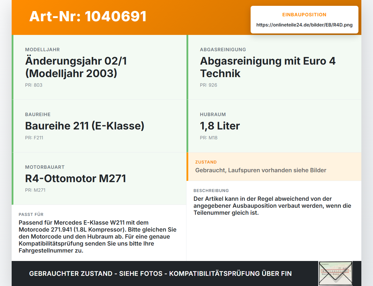 Mercedes W211 E200 02-06 1,8 120KW 271941 Kolben mit Pleuel Pos D Mercedes W211 E200 02-06 27.02.2003 gebraucht Vorschau 3