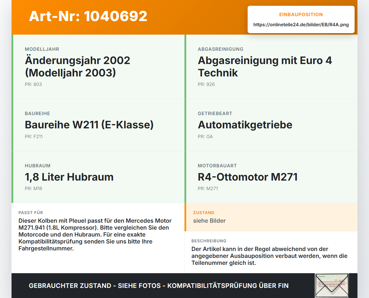 Mercedes W211 E200 02-06 1,8 120KW 271941 Kolben mit Pleuel Pos A Mercedes W211 E200 02-06 27.02.2003 gebraucht Vorschau 3