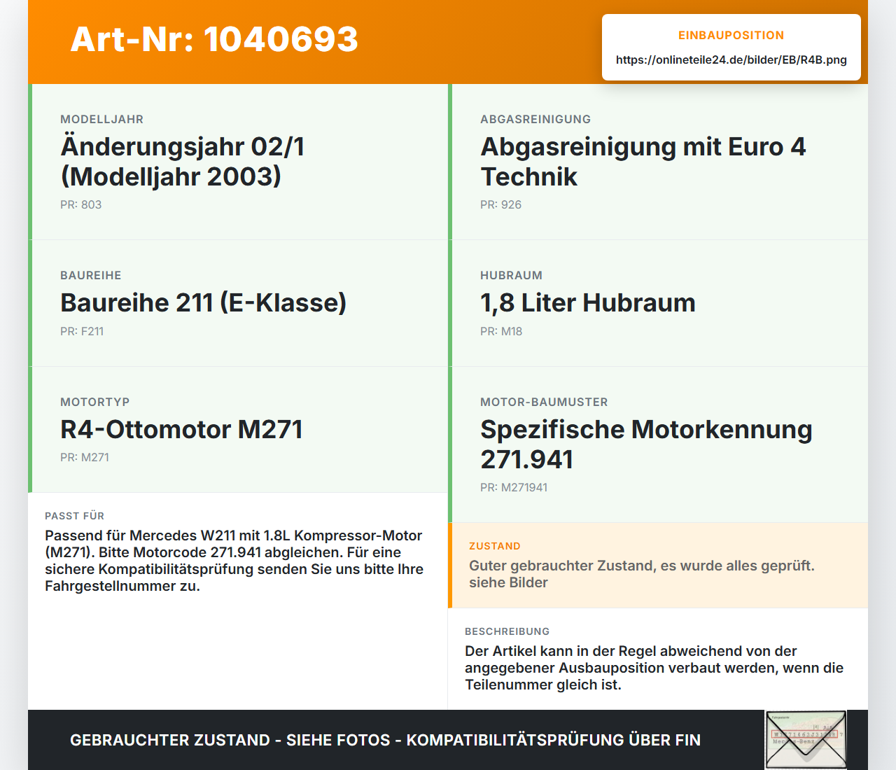 Mercedes W211 E200 02-06 1,8 120KW 271941 Kolben mit Pleuel Pos B Mercedes W211 E200 02-06 27.02.2003 gebraucht Vorschau 3