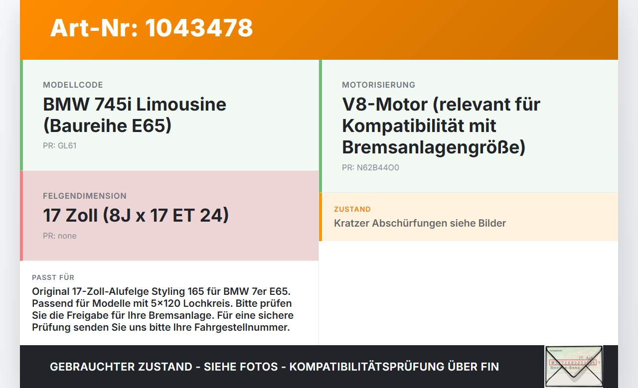 BMW E65 7er 01-05 1 x Felge Aluminiumfelge 17 Zoll 5X120 BMW E65 7er 01-05 11.09.2003 6765144 3611-6765144 gebraucht Vorschau 3