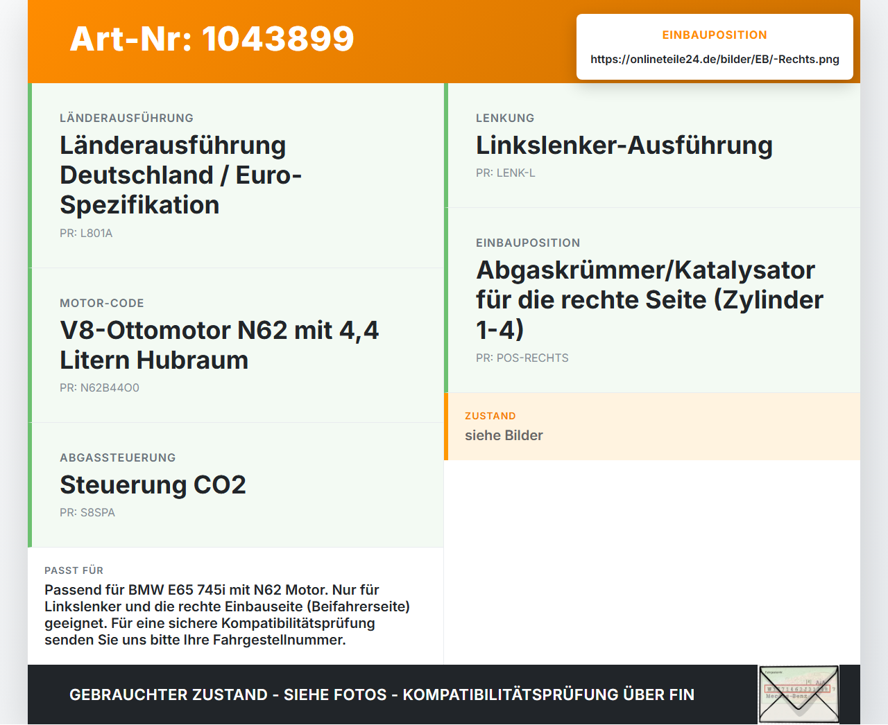 BMW E65 7er 01-05 4,4 245KW Katalysator Kat Vorkat mit Abgaskrümmer Rechts BMW E65 7er 01-05 11.09.2003 7536680... Vorschau 3