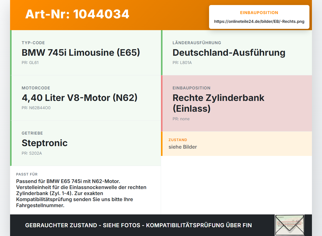 BMW E65 7er 01-05 4,4 245KW N62B44O0 N62B44A Nockenwellenverstellung Verstellung für Nockenwelle Rechts BMW E65 7er... Vorschau 3