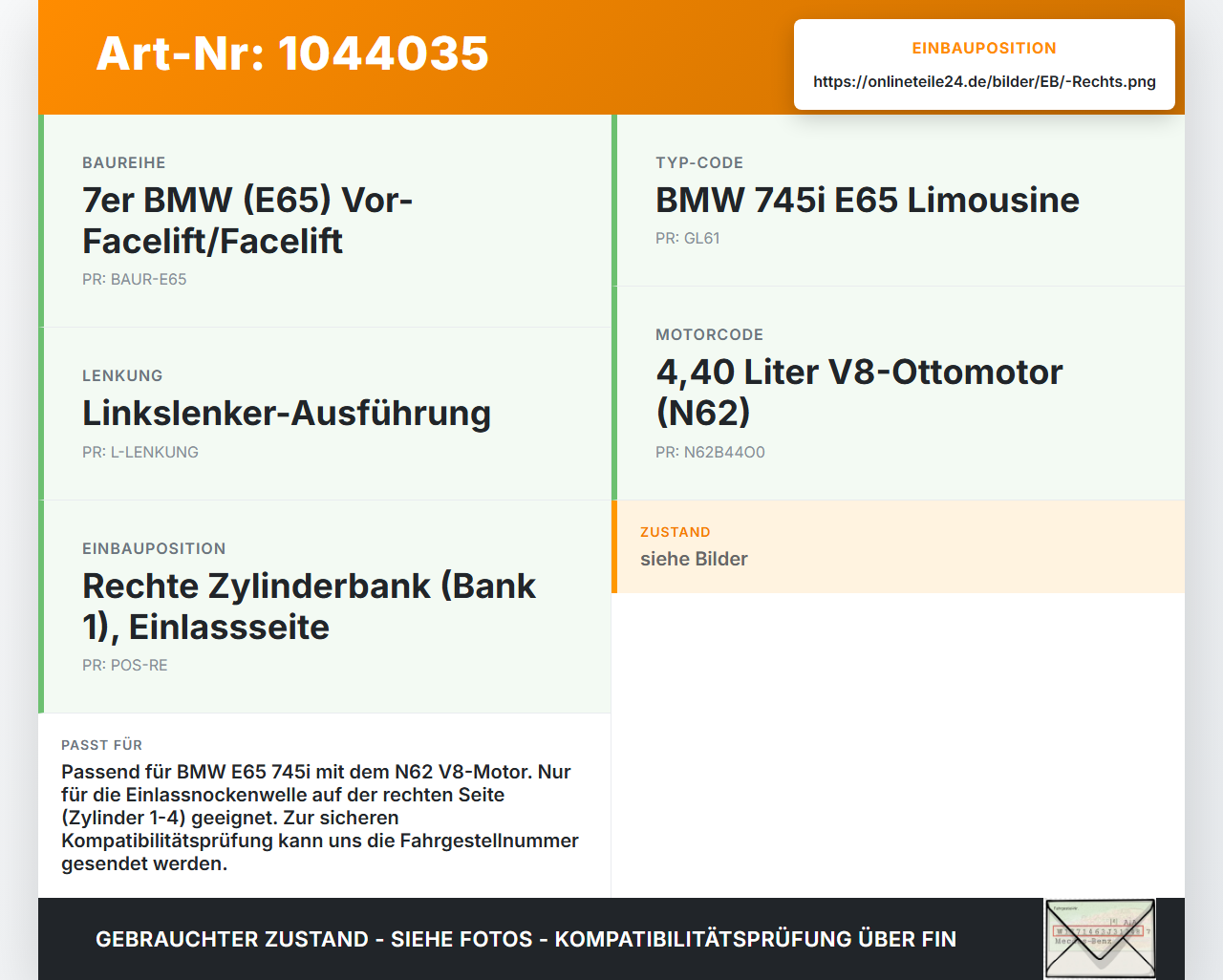 BMW E65 7er 01-05 4,4 245KW N62B44O0 N62B44A Nockenwellenverstellung Verstellung für Nockenwelle Rechts BMW E65 7er... Vorschau 3