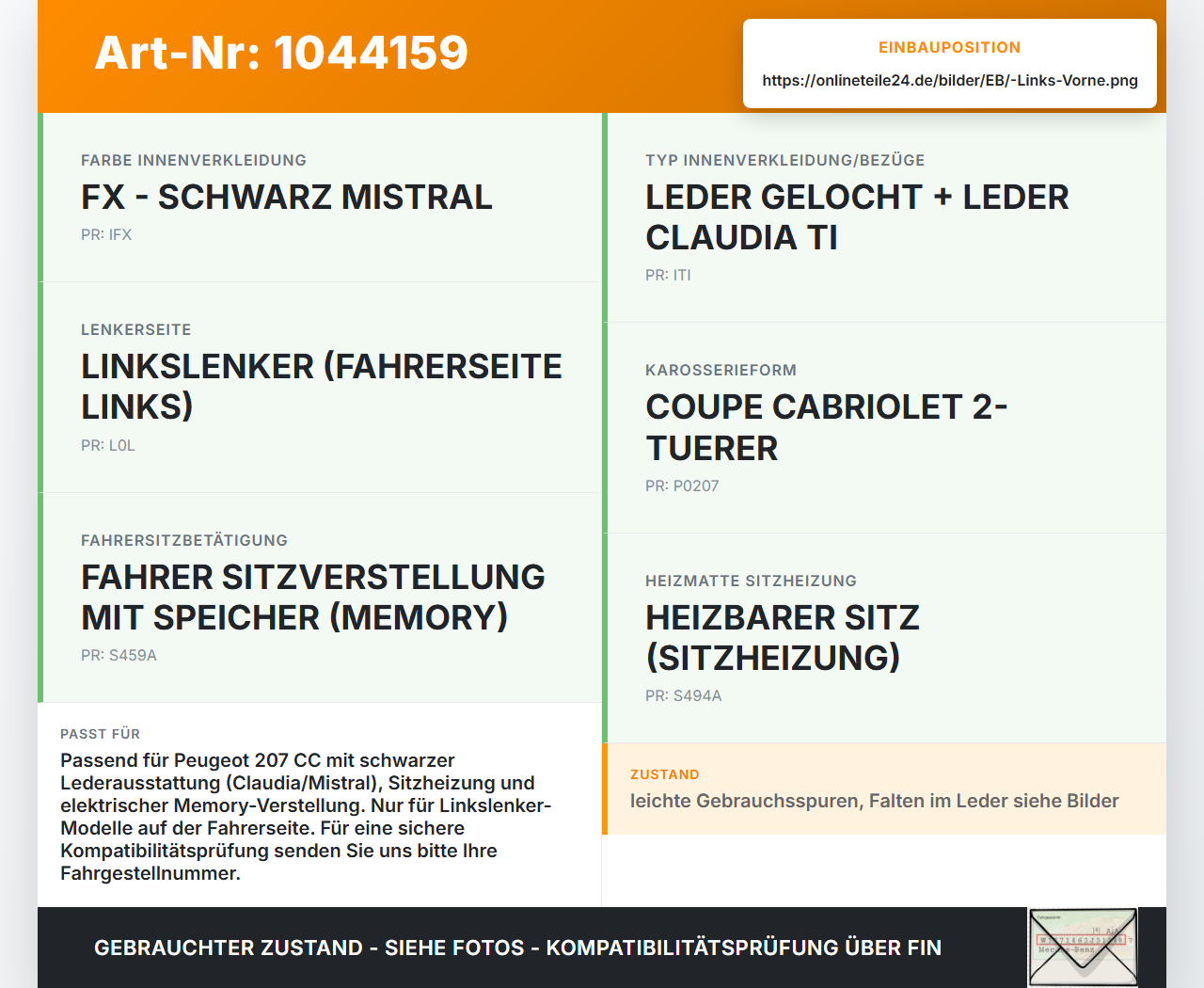 Peugeot 207 CC 07-09 Cabriolet Leder Sitzbezug Sitzpolster für Fahrersitz Sitz Links Vorne beheizt Peugeot 207 CC... Vorschau 3