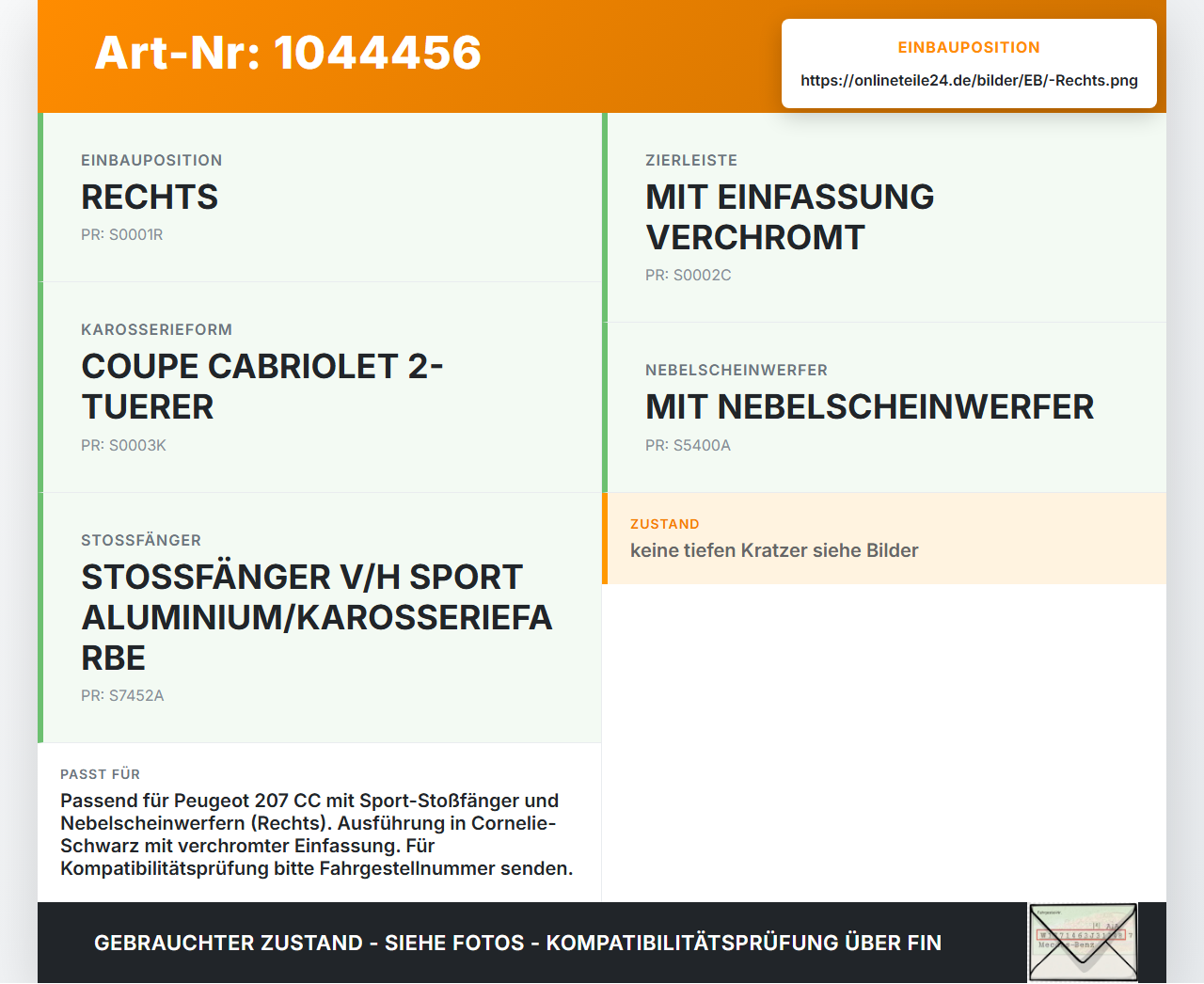 Peugeot 207 CC 07-09 Blende für Nebelscheinwerfer Stoßstange Rechts Peugeot 207 CC 07-09 30.09.2008 7452ZZ gebraucht Vorschau 3