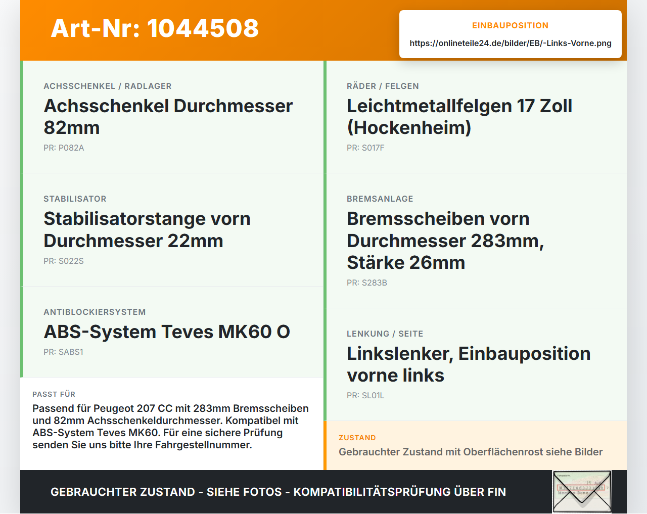 Peugeot 207 CC 07-09 HDi 1,6 80KW Achsschenkel Radnabe mit ABS Links Vorne Peugeot 207 CC 07-09 30.09.2008 364690... Vorschau 3