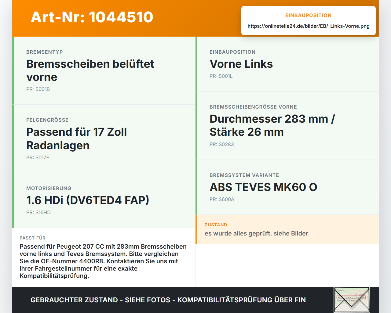 Peugeot 207 CC 07-09 HDi 1,6 80KW Bremssattel Bremszange Vorne Links Peugeot 207 CC 07-09 30.09.2008 4400R8 gebraucht Vorschau 3