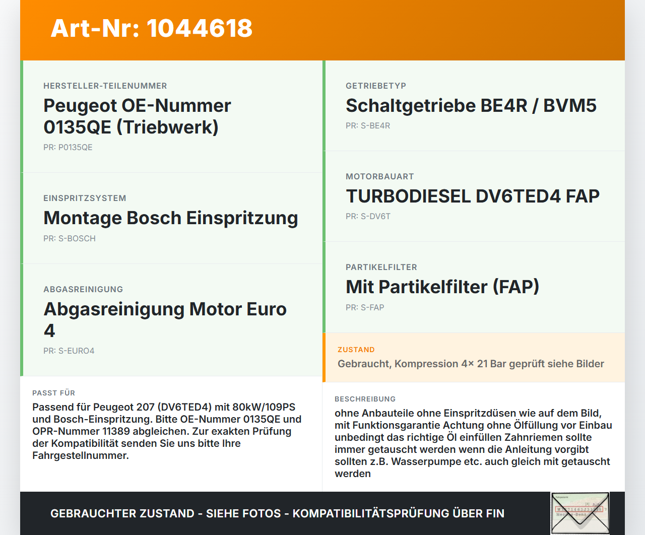Peugeot 207 CC 07-09 HDi 1,6 80KW DV6TED4 FAP Motor Triebwerk Peugeot 207 CC 07-09 30.09.2008 0135QE gebraucht Vorschau 3