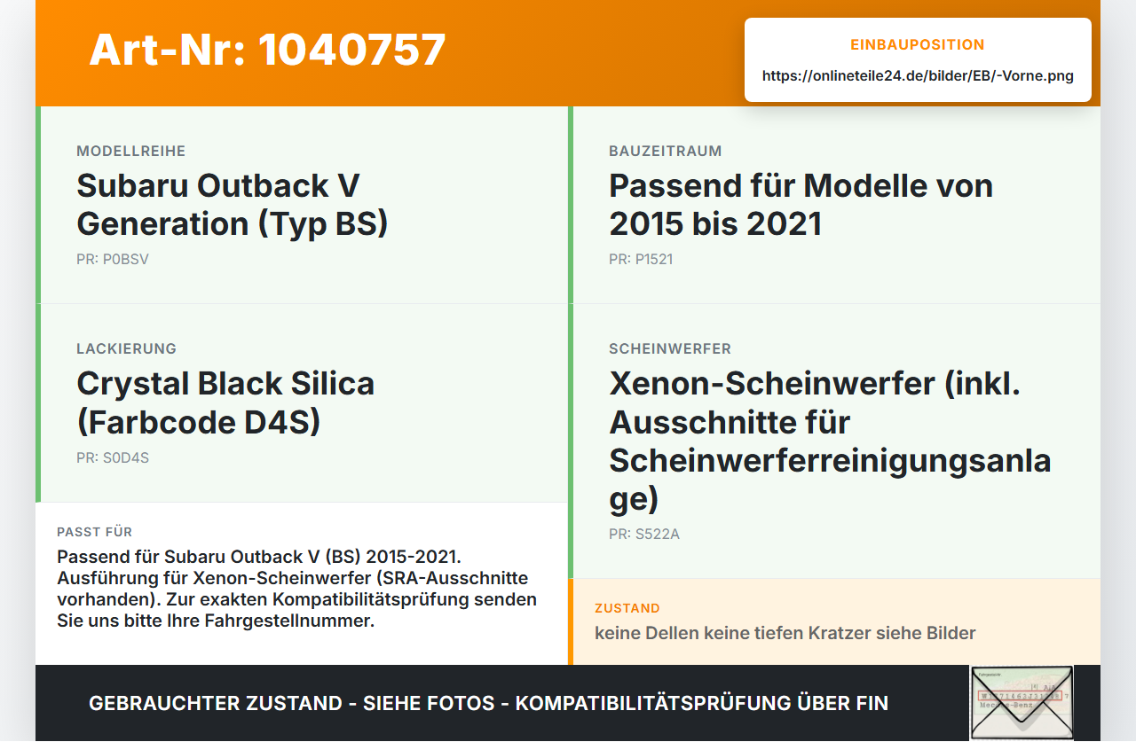 Subaru Outback V BS 15-21 Stoßstange Stoßfänger Frontschürze Vorne D4S Subaru Outback V BS 15-21 19.03.20154 gebraucht Vorschau 3