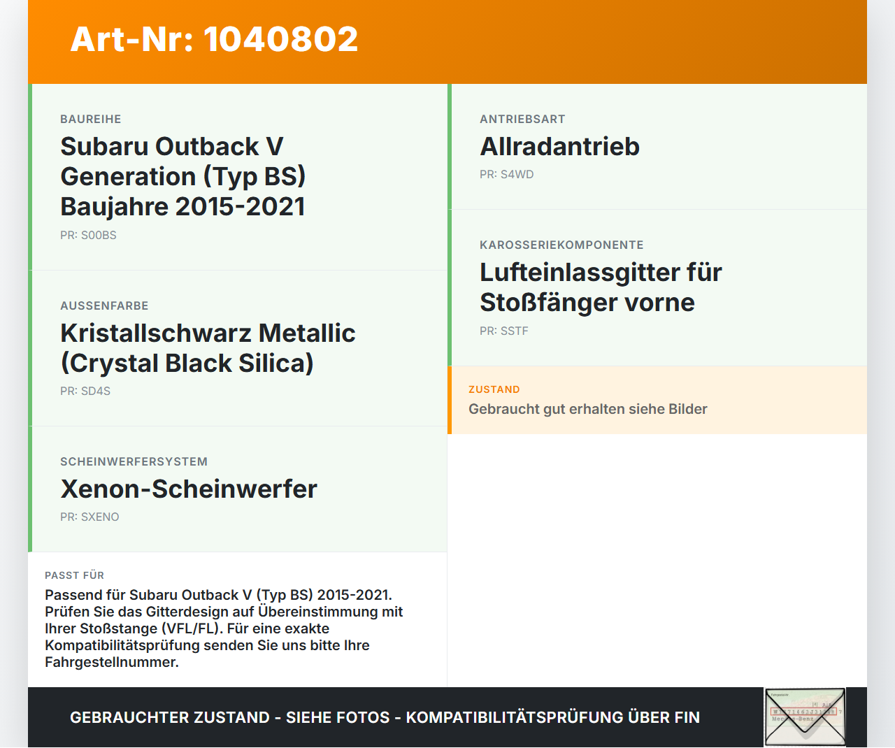 Subaru Outback V BS 15-21 Lufteinlassgitter für Stoßstange Stoßfänger D4S Subaru Outback V BS 15-21 19.03.20154... Vorschau 3