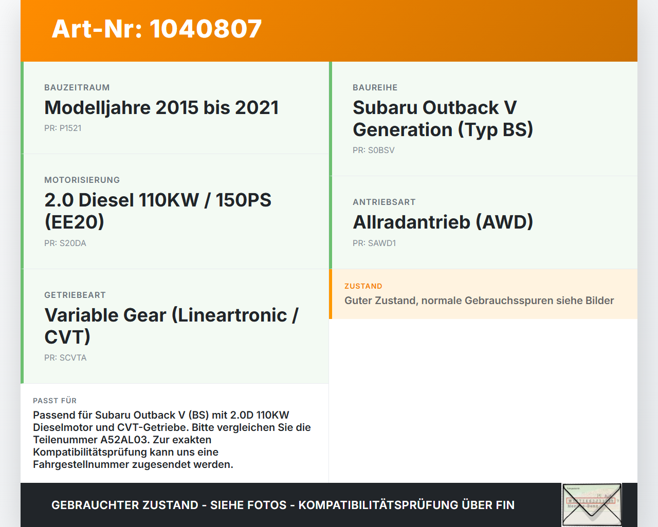 Subaru Outback V BS 15-21 2,0D 110KW Luftfilterkasten Subaru Outback V BS 15-21 19.03.20154 A52AL03 gebraucht Vorschau 3