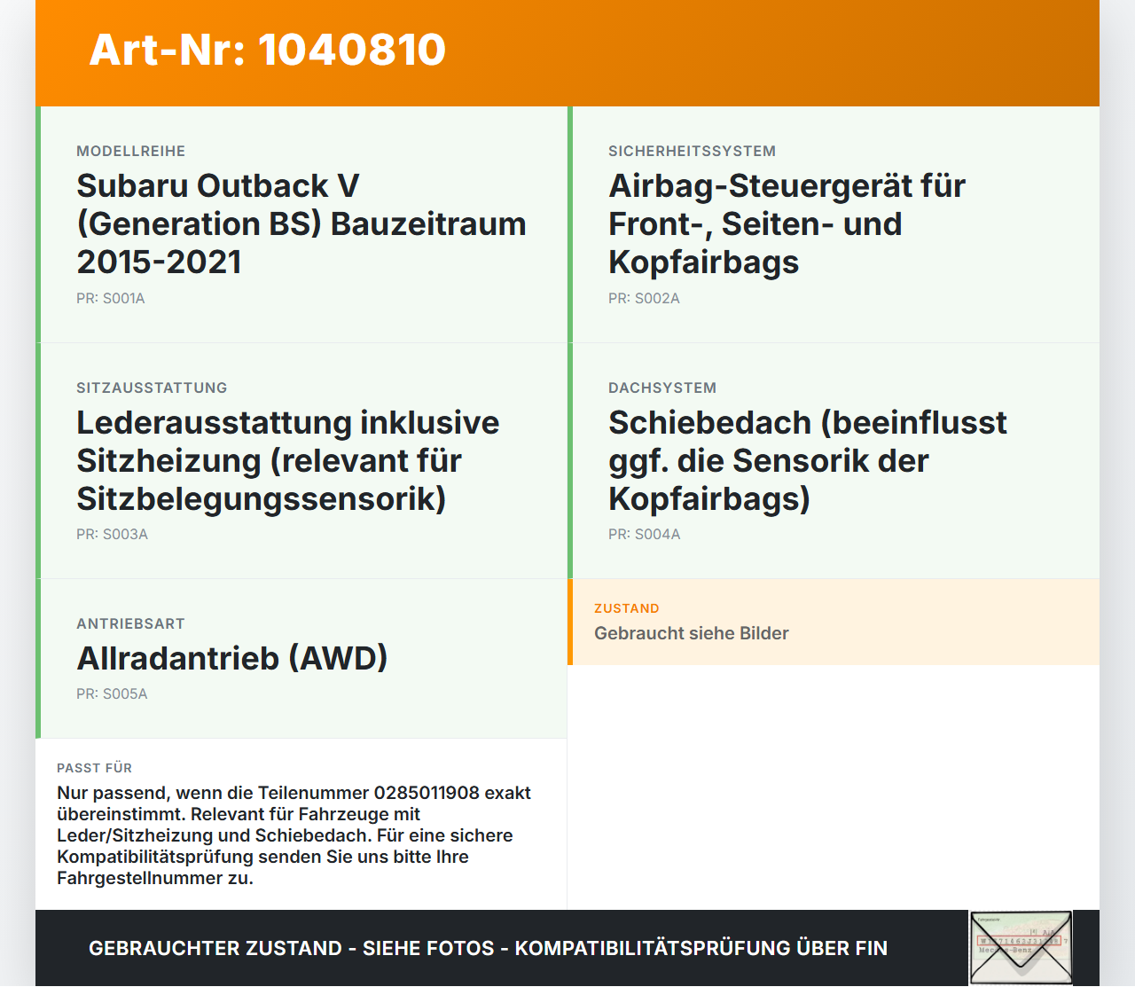 Subaru Outback V BS 15-21 Airbag Steuergerät Airbagsteuergerät Subaru Outback V BS 15-21 19.03.20154 98221AL040... Vorschau 3