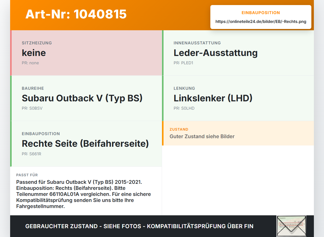 Subaru Outback V BS 15-21 Luftdusche Luftdüse Rechts Subaru Outback V BS 15-21 19.03.20154 66110AL01A gebraucht Vorschau 3