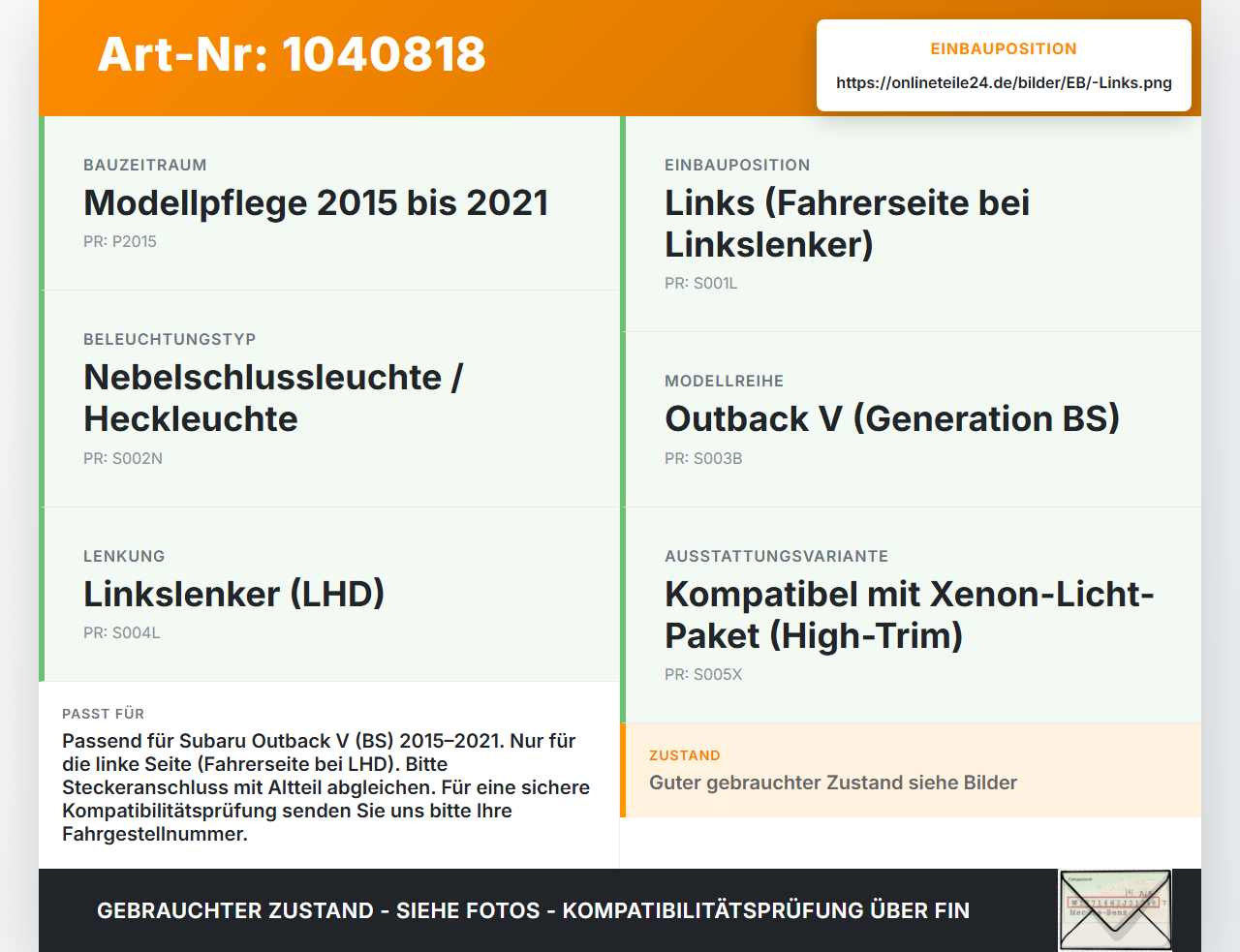 Subaru Outback V BS 15-21 Nebelschlussleuchte Heckleuchte Links Subaru Outback V BS 15-21 19.03.20154 VC02-168 gebraucht Vorschau 3