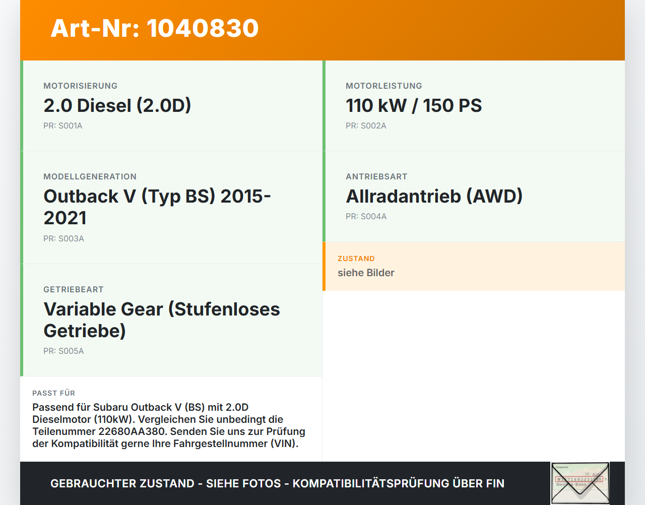 Subaru Outback V BS 15-21 2,0D 110KW Sensor Luftmassenmesser Subaru Outback V BS 15-21 19.03.20154 22680AA380... Vorschau 3