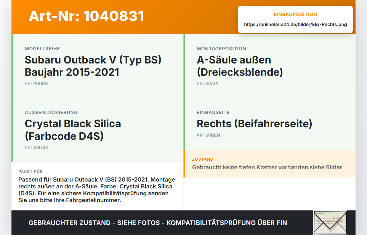 Subaru Outback V BS 15-21 Verkleidung Dreieck für A-Säule Rechts aussen D4S Subaru Outback V BS 15-21 19.03.20154... Vorschau 3