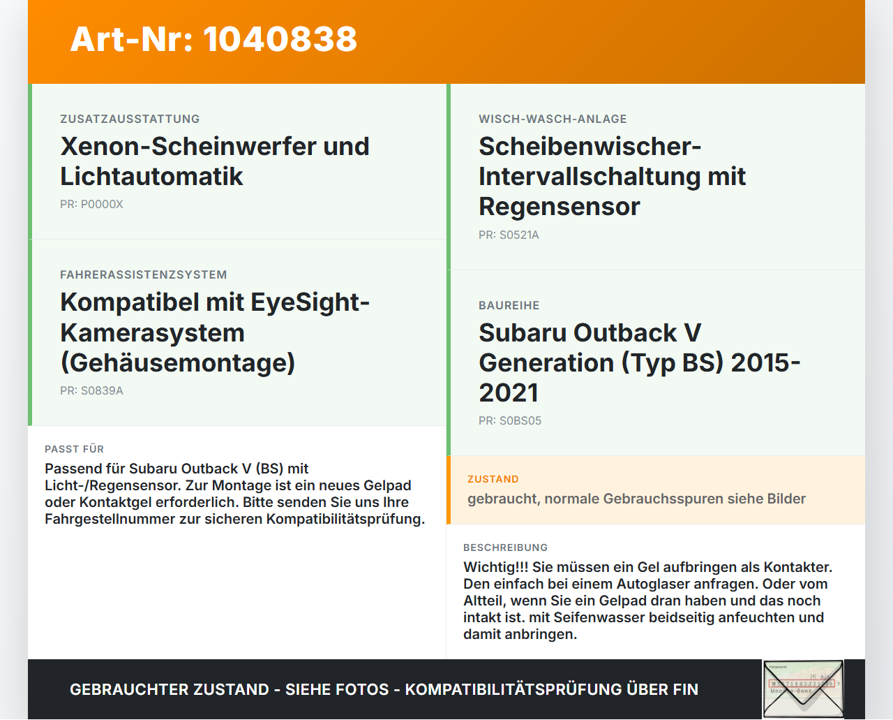 Subaru Outback V BS 15-21 Regensensor Subaru Outback V BS 15-21 19.03.20154 gebraucht Vorschau 3